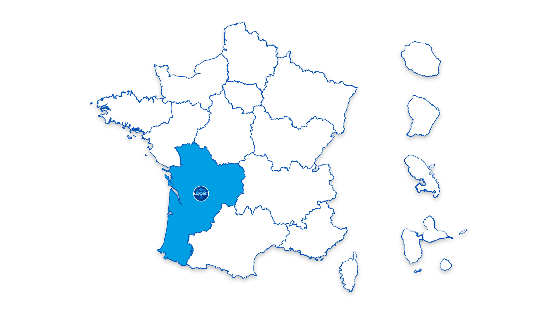 Carte de France avec un point sur la région d'aquitaine